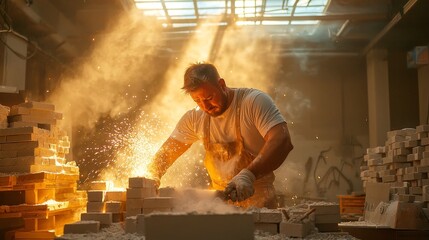 Poster - Blacksmith Crafting Cement Blocks, skilled artisan shaping and casting blocks for construction, modular fabrication in a spacious workshop environment