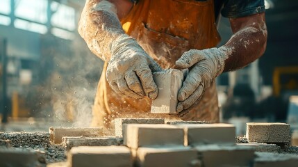 Poster - Blacksmith Crafting Cement Blocks, skilled artisan shaping and casting durable blocks for construction, modular fabrication in an open workshop environment, focused craftsmanship