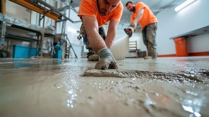 Concrete Finishing Crew, Skilled workers smoothing a freshly poured slab, focused on surface preparation, showcasing teamwork in an expansive work area.