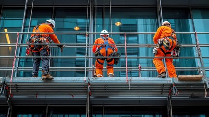 Poster - High-Rise Facade Installation, Busy construction crew on scaffolding, diligently working to install exterior panels on a towering building, showcasing teamwork and precision.