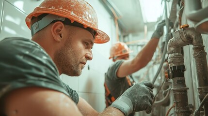 Poster - Construction Crew at Work, Team members skillfully installing plumbing systems, laying down essential pipes in a new building, fostering strong infrastructure development.