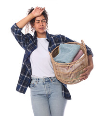 Sticker - Tired woman with basket full of laundry on white background