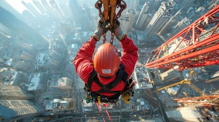 Poster - Crane Operator Maneuvering Materials for Skyscraper Construction, showcasing the dynamic process of vertical building in an open urban environment