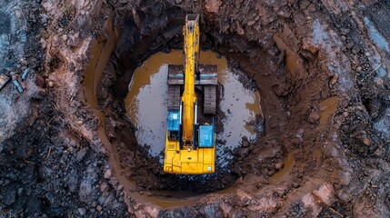 Poster - Excavator in Action, Heavy machinery engages in trench digging for utility installations, transforming the landscape for infrastructure development, showcasing powerful excavation work.