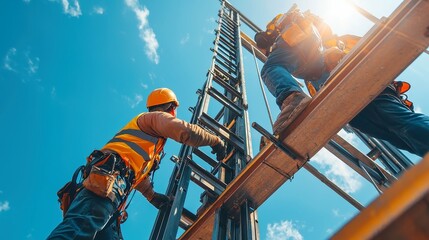 Poster - Steel Framework Assembly, Workers diligently connecting beams for a new building, showcasing teamwork and precision in structural assembly, open site, dynamic construction environment