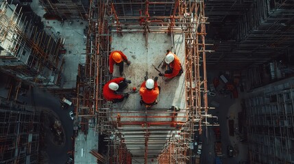 Poster - Construction Crew Collaborating on High-Rise Project, Urban Development Scene, Workers on Scaffolding, Dynamic Teamwork in a Thriving Cityscape