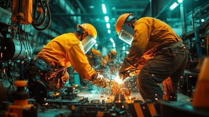 Poster - Welding Steel Components, laborers joining metal parts to create a robust structure, industrial construction site, dynamic environment, teamwork and precision in action