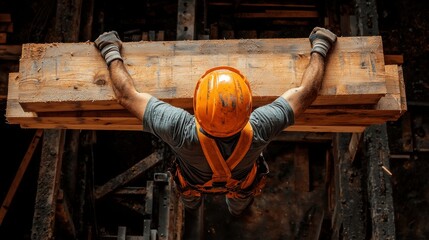 Poster - Worker transporting lumber at a construction site, engaged in material handling, showcasing industrious effort in a clear, open environment.