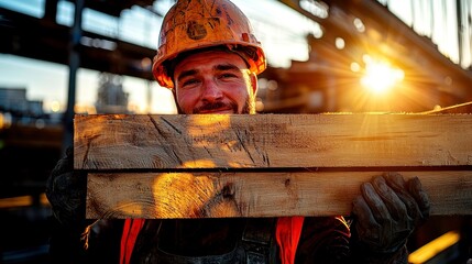 Poster - Construction Worker Transporting Lumber at a Job Site, Engaged in Material Handling, Demonstrating Labor Efficiency and Safety Practices in an Open Workspace