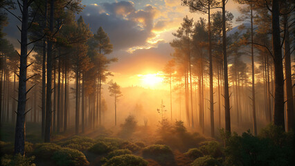 Wall Mural - Panoramic forest sunset sky of clouds with beautiful tones on nature