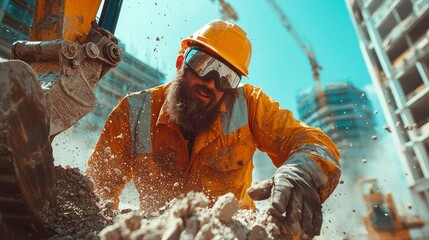 Poster - Excavator in Action, A construction worker skillfully operating heavy machinery to dig earth, contributing to infrastructure development in an expansive construction site