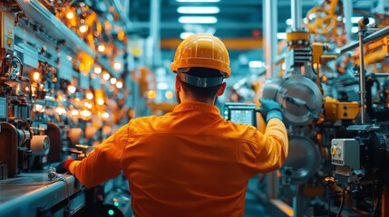 Poster - Heavy Machinery Operator at Work, Skilled worker managing industrial equipment on a spacious factory floor, demonstrating operational expertise and precision in a busy environment