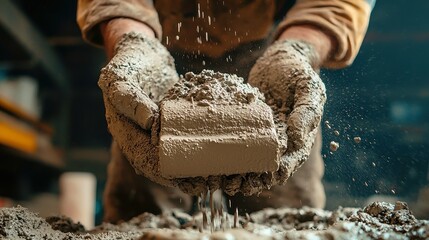 Poster - Worker pouring wet cement into a mold, engaged in a construction project, emphasizing essential building techniques and teamwork in a spacious environment.