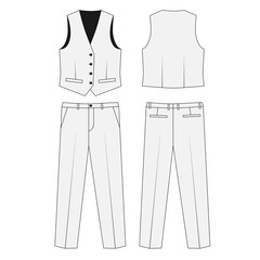 Wall Mural - Technical illustration of a men's vest and trousers, front and back view. Sketch of a basic, buttoned suit vest. Sketch of basic men's trousers with creases.