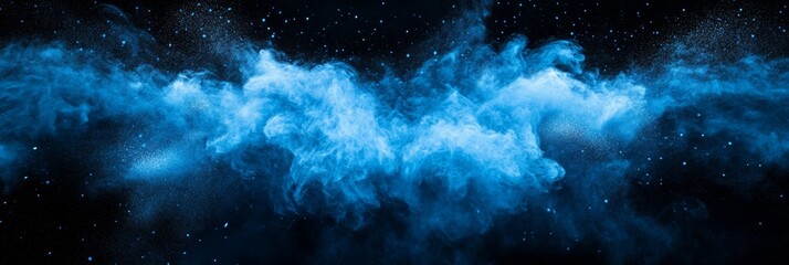 Sticker - Abstract Blue Smoke and Stars - Cosmic Nebula Background - A swirling abstract blue smoke formation resembling a nebula, with scattered white stars against a deep black background. This image symboliz