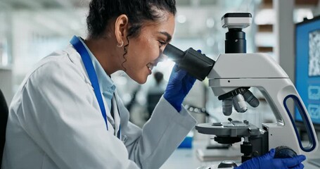 Aufkleber - Woman, lab or microscope for medical research or clinical investigation, innovation in healthcare. Female scientist, wellness study and digital technology, check on particles or science test for drug