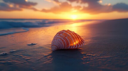 Seashell on a sandy beach at sunset, with the golden light reflecting on the water.