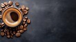 © Mickey - Aromatic Coffee Cup with Beans on Dark Background - A steaming cup of coffee with coffee beans scattered around it, symbolizing energy, morning ritual, caffeine boost, and a relaxing break.