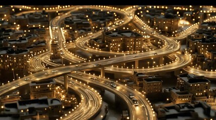 A highway illuminated by glowing lines represents data flow as vehicles travel through a smart city, demonstrating the integration of technology and transportation