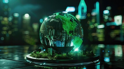 Capture a stunning picture of a glass globe surrounded by a holographic representation of Earth, with renewable energy installations superimposed on continents, emphasizing global clean energy