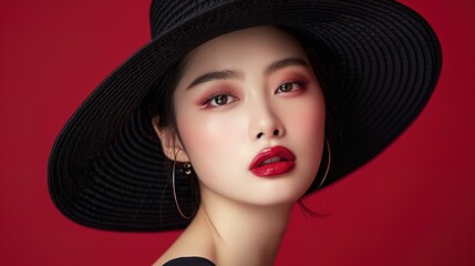 Wall Mural - Elegant korean lady in wide brimmed hat with red lips makeup on red burgundy background