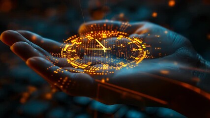 Poster - Digital Clock Management in Hand: Futuristic Time Planning for Business Efficiency and Timekeeping Concept with Data Visualization