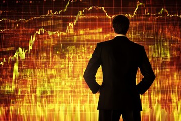 Poster - Businessman Analyzing Financial Data on a Screen - A businessman stands in front of a screen displaying financial data, symbolizing  analysis, investment, strategy,  market trends, and economic growth