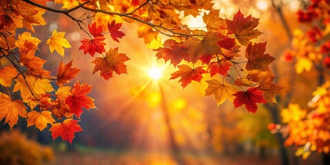 Wall Mural - Vibrant autumn leaves glowing in the golden light of the setting sun, showcasing hues of red, orange, and yellow