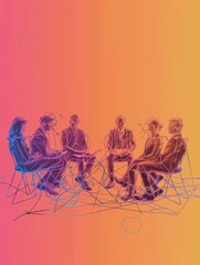 Poster - Collaborative Discussion: Diverse Team Brainstorming - A diverse group of people sit in chairs, their figures outlined in vibrant colors, engaging in a collaborative discussion, symbolizing teamwork, 