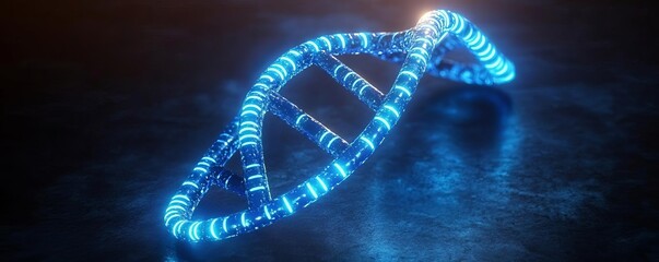 DNA strand, glowing blue helix, futuristic neon background, molecular biology concept