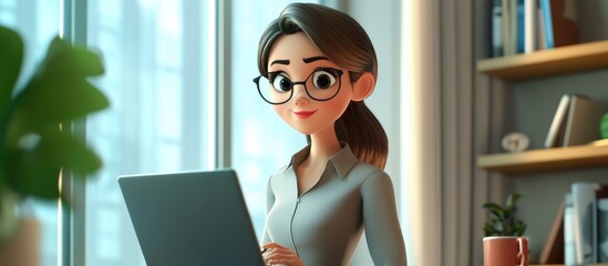 Wall Mural - 3D Cartoon Businesswoman with Laptop and Coffee Mug by the Window