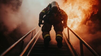 A firefighter bravely ascends a burning stairwell, adorned in protective gear and an oxygen tank, fighting against intense flames and thick smoke in a perilous rescue operation.