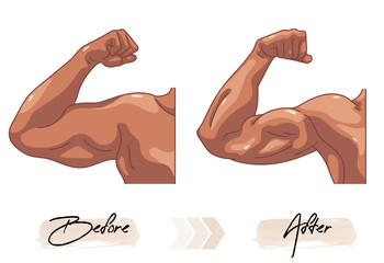 Vector illustration of changes before and after male arm fitness