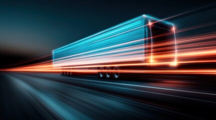 A speedy semi truck creates dynamic light trails as it rushes through the night, illustrating the fusion of technology, energy, and relentless motion.