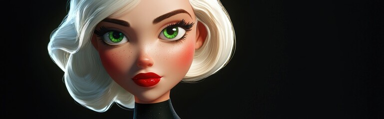 3D cartoon character of a white blonde woman with makeup green eyes and red lipstick