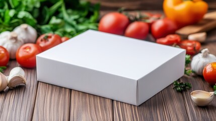 A white box on a wooden table surrounded by tomatoes, garlic and other vegetables, AI