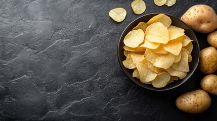 Crispy Potato Chips in a Bowl with Whole Potatoes on Black Slate Background - A bowl of crispy potato chips sits on a black slate background, surrounded by whole potatoes, symbolizing the origin of th