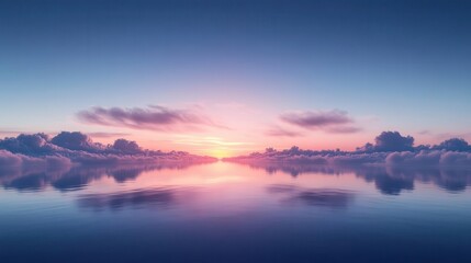 Serene sunset reflecting on calm water with fluffy clouds in the sky.