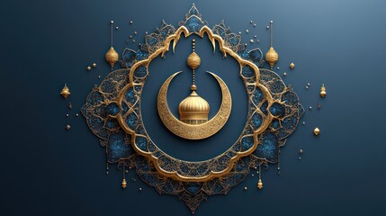 Golden Crescent and Dome with Intricate Islamic Design