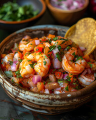 Sticker - Fresh Shrimp Ceviche with Citrus and Herbs in a Clay Bowl