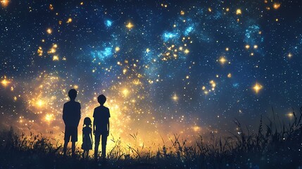 Children gazing at a breathtaking starry sky filled with vibrant colors and sparkling stars, inspiring wonder and imagination.