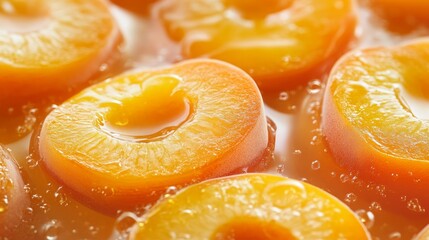 Canvas Print - Delicious Preserved Apricots in Syrup - Stock Photo - A close-up of preserved apricots in syrup, highlighting their vibrant orange color, juicy texture, and sweet aroma. The apricots are arranged in a