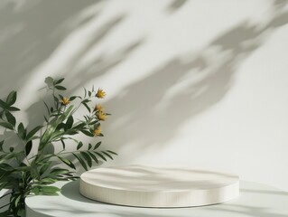 Aufkleber - Elegant Wooden Podium Display in Sunlit Room with Green Plants and Red Flowers – Tranquil Daylight Scene