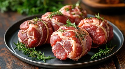 Sticker - Five raw beef roulades tied with string, garnished with fresh herbs, placed on a dark plate with a wooden background.