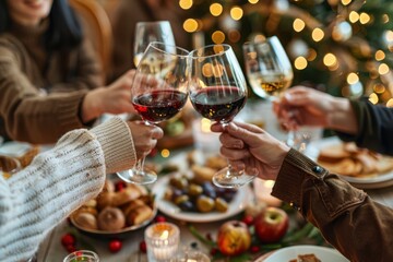 a group of friends toasting with wine glasses at the dining table, surrounded by food and decoration