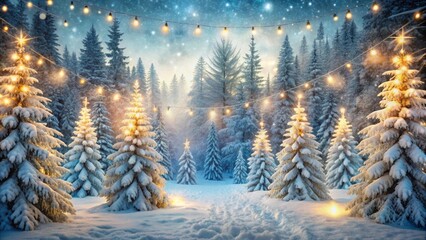 Sticker - Magical winter wonderland Christmas forest with snow covered trees and twinkling lights