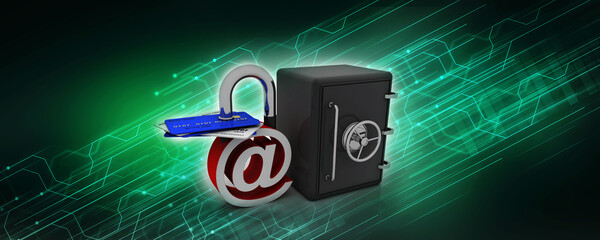Poster - 3d rendering E-mail lock with debit card near locker . Internet security concept