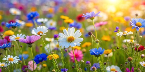 Vibrant burst of color in a wildflower meadow with daisy, cosmos, and cornflower wildflowers, perfect for summer scenes