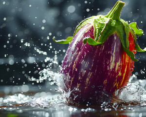 Fresh Eggplant Splashing Water on Reflective Surface