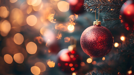 Wall Mural - Festive Red Christmas Bauble Hanging on a Snowy Fir Branch